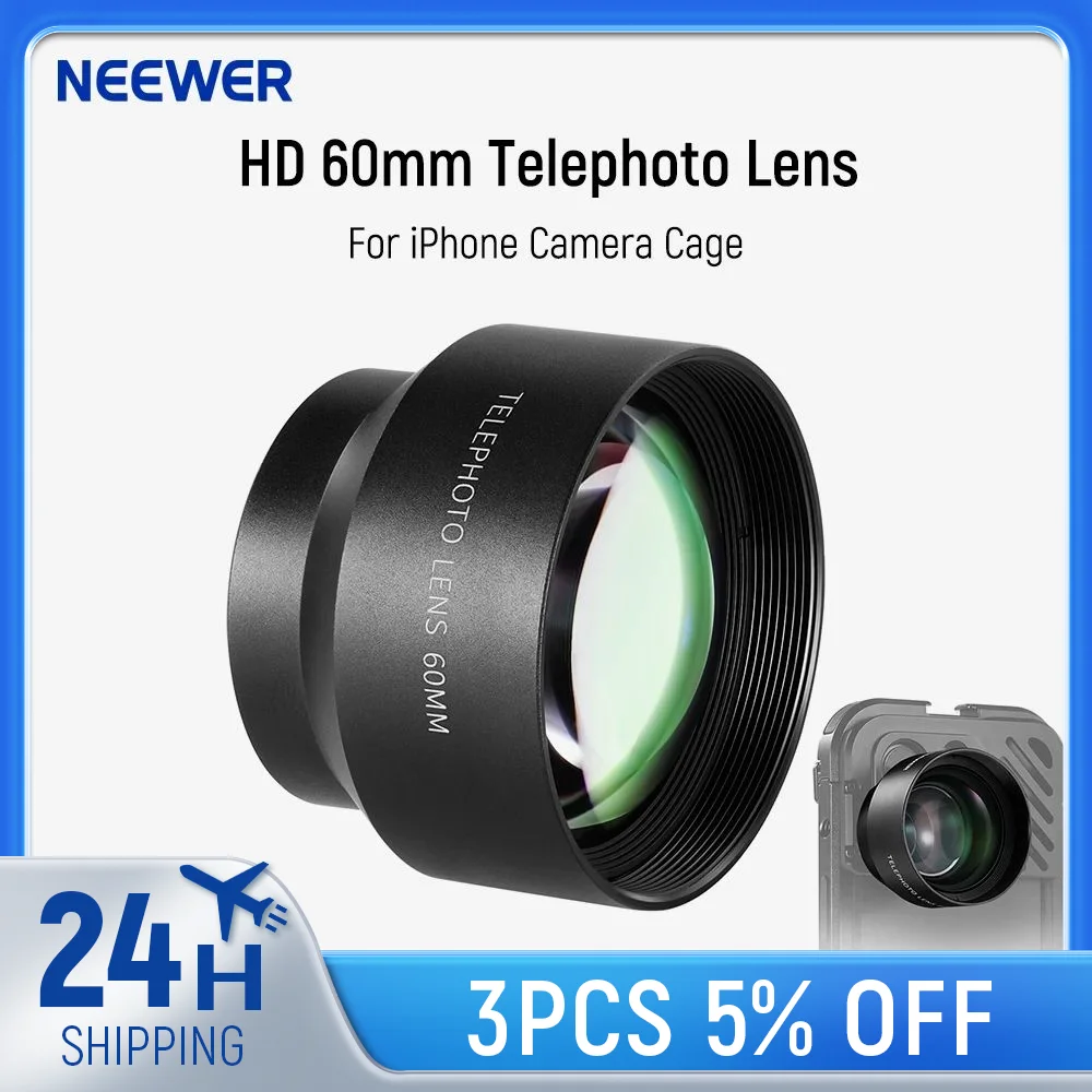 NEEWER HD 60mm teleobiektyw powiększenie 2X dla iPhone 15 pro Max/Samsung/Xiaomi etui na telefon z adapterem obiektywu 17mm