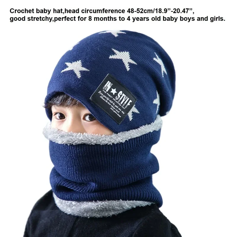 New Winter Baby Hat Set Star Children Beanies Cap Neck Collar Scarf Boys Girls Outdoor Warm Knitted Hat Scarf Kids Head Cover