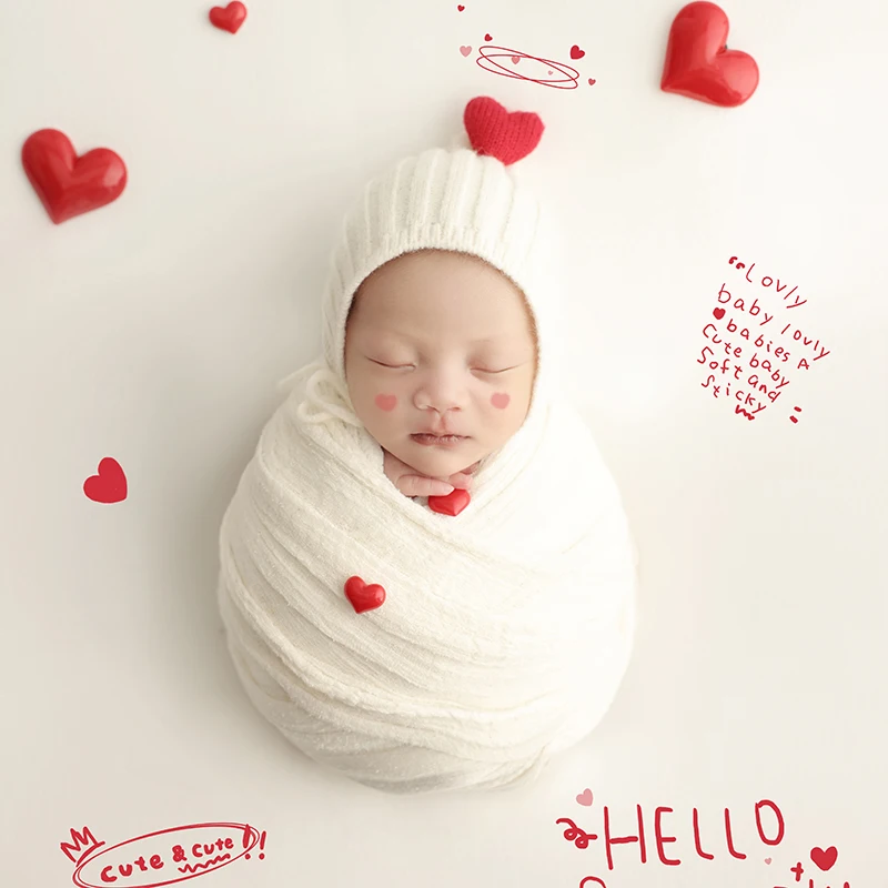 0-1 Maand Baby Liefde Thema Fotografie Rekwisieten Rode Liefde Combinatie Rekwisieten Gebreide Muts Decoratie Studio Schieten Accessoires