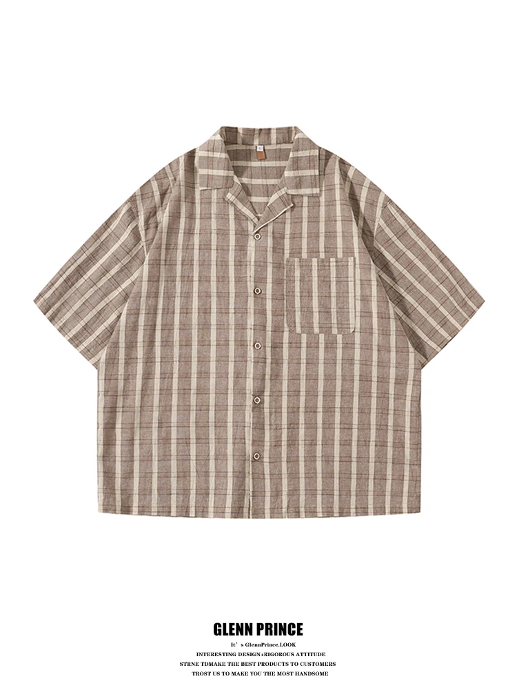 

Мужская летняя рубашка GPstudio в стиле ретро с кубинским воротником, свободного кроя, в клетку, с цветовыми блоками, в японском стиле, повседневная