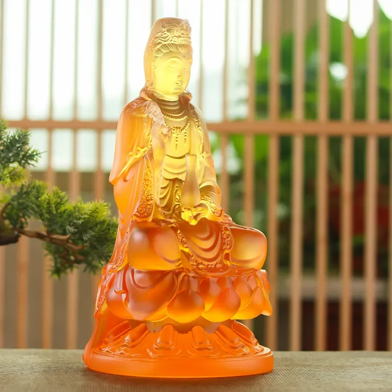 Antique Style Glazed Guanyin Statue Sitting on Lotus Home Decor Desktop Ornament Buddhist Art Figurine for Living Room
