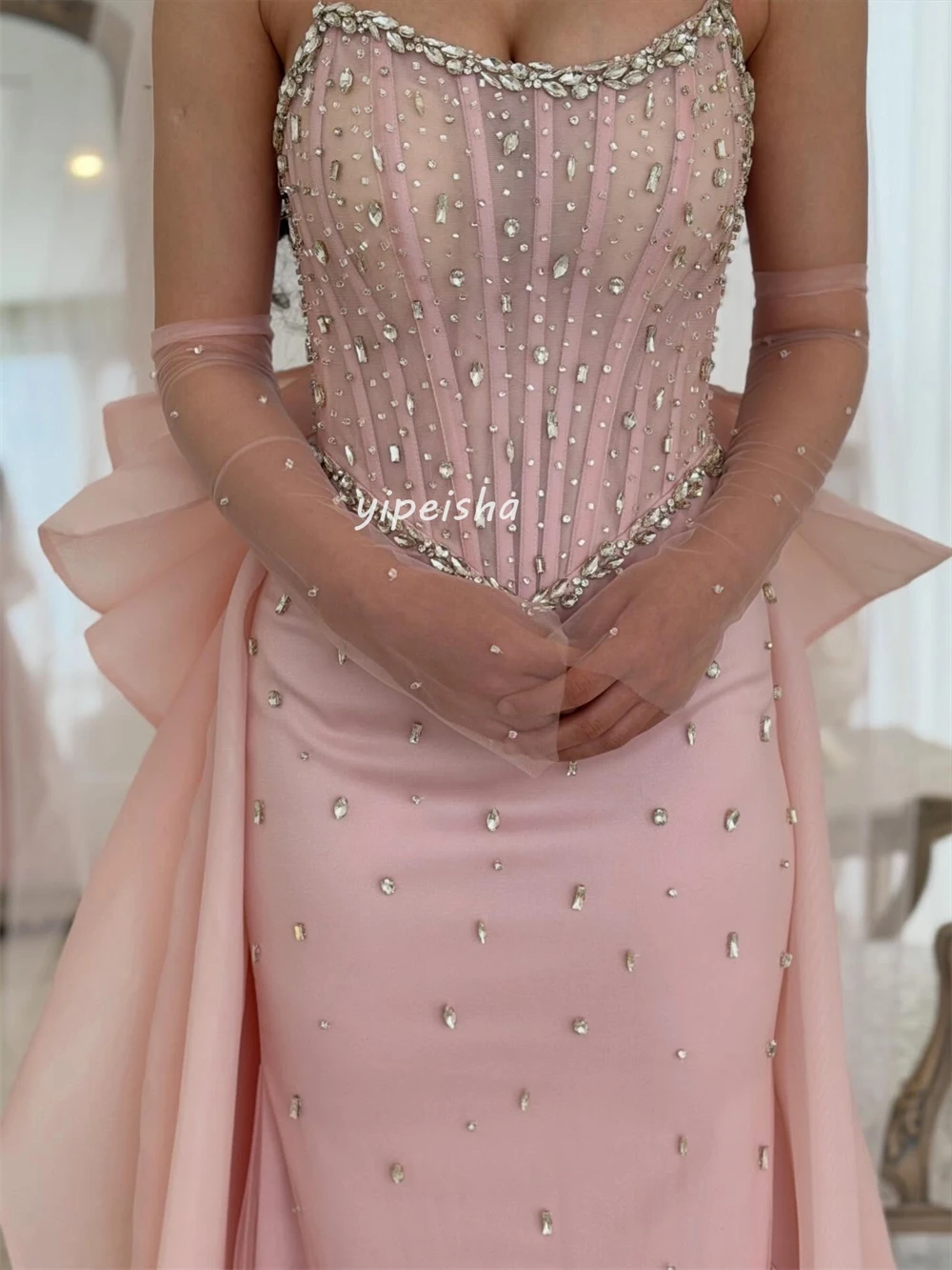 Customized Fashion Women Jersey Rhinestone Bow Straight Evening Dresses Elegant Strapless Half Sleeve Floor Lenght Prom Dresses