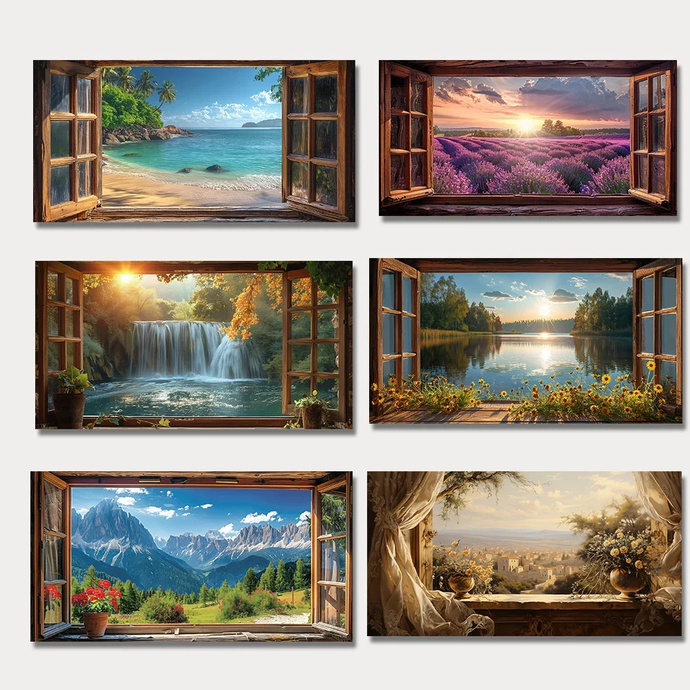 1pc frameless Canvas Painting Scenic Beach Waterfall Forest Lake View From Open Window Lavender Field Canvas Painting Landscape