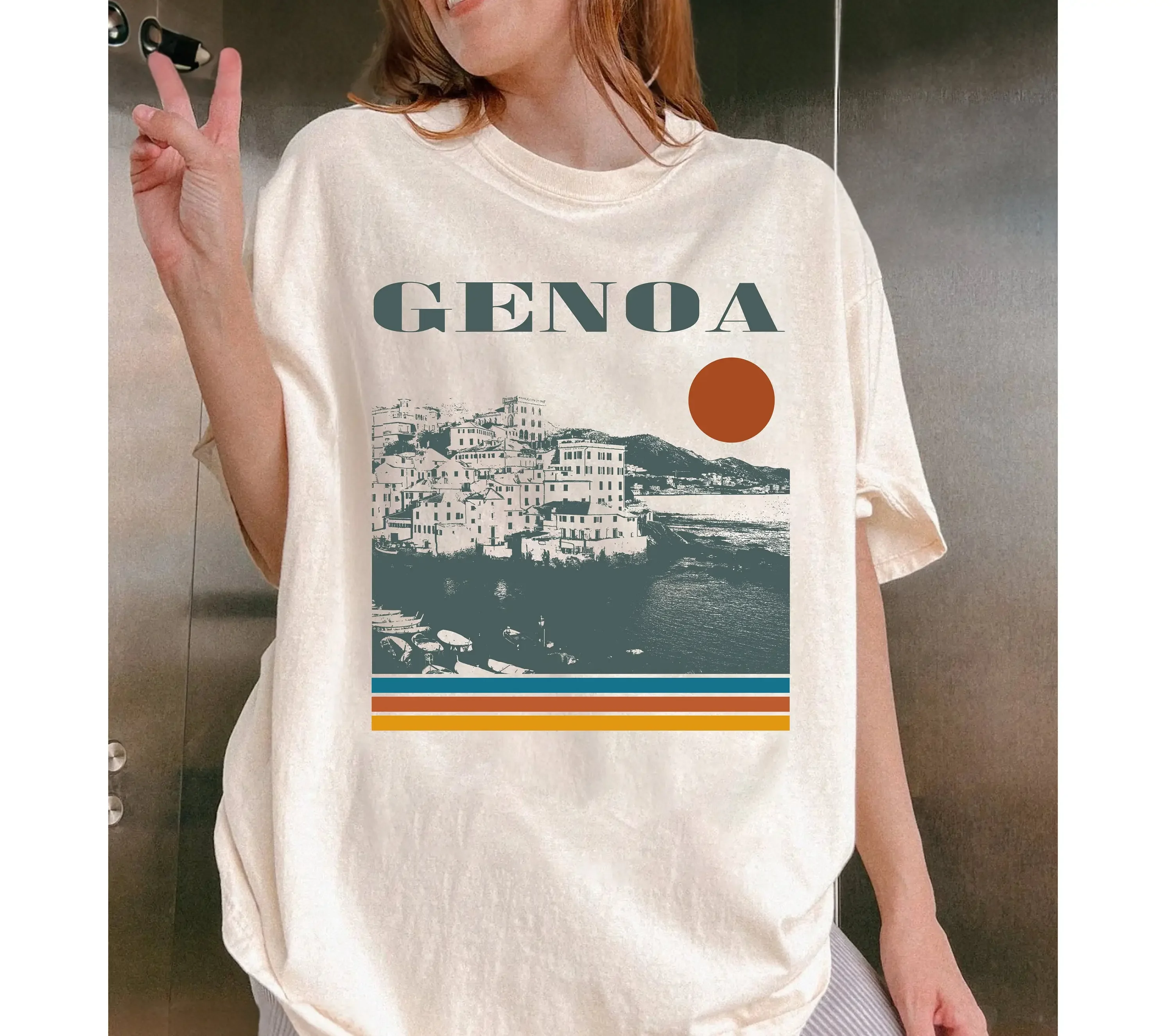 Итальянская Винтажная Футболка Genoa в стиле ретро для путешествий в минималистском стиле