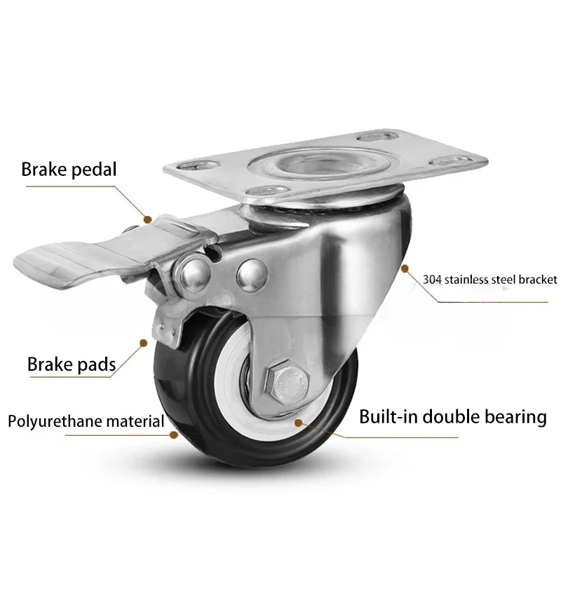 304 Stainless Steel Casters Wheels 4Pieces Polyurethane Tread Mute No Rust For Humid Environment Industrial Casters