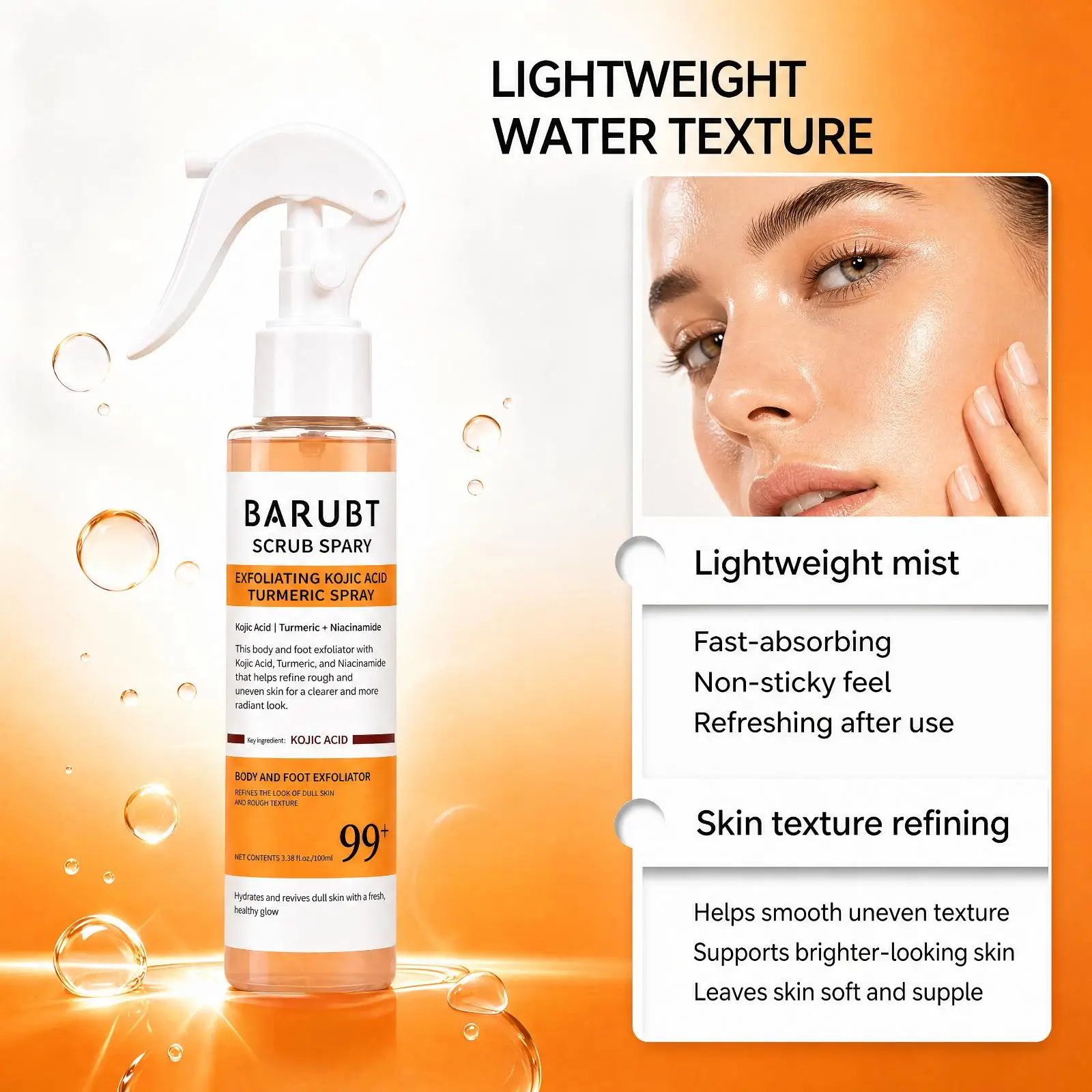 BARUBT Exfoliating Body Spray 100ml, Portable Kojic Acid Turmeric Scrub Spray with Niacinamide, Easy Care for Feet, Knees, Elbows and Dry Areas