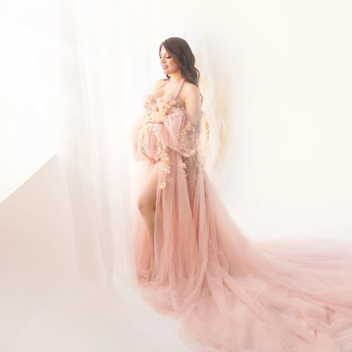 Boho Pink Maternity Dress for Photography Halter 3D Floral Lace Appliques  Pregnancy Photo Dresses Women Baby Shower Gowns