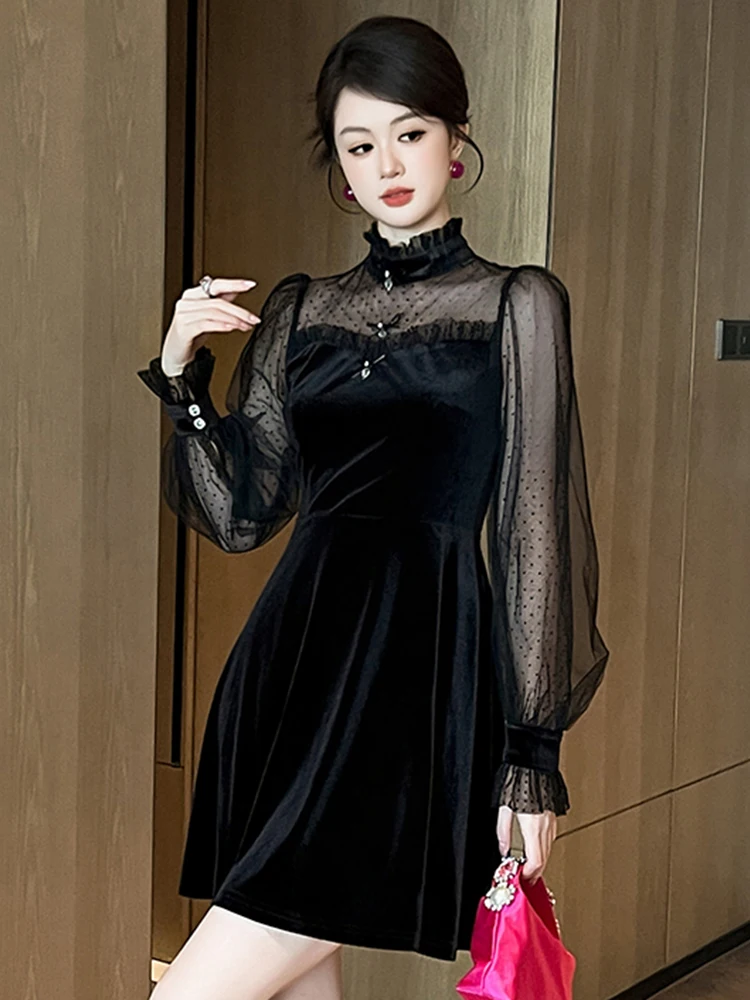 Robe courte en maille de velours noir pour femmes, vêtements de soirée, col montant transparent, mince, élégante, dames, fête, club, anniversaire, éducatif, sexy, nouveau