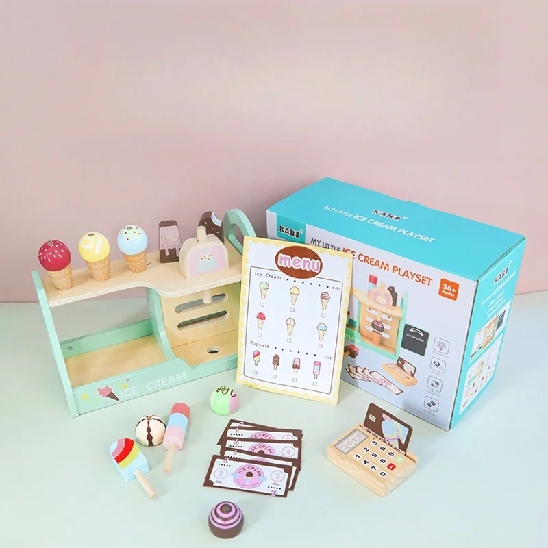 Ensemble de jouets de cuisine de Simulation, comptoir de crème glacée en bois, ensemble de jeu pour garçons et filles, Mini nourriture Montessori, jouets pour enfants, cuisson de fête de mariage