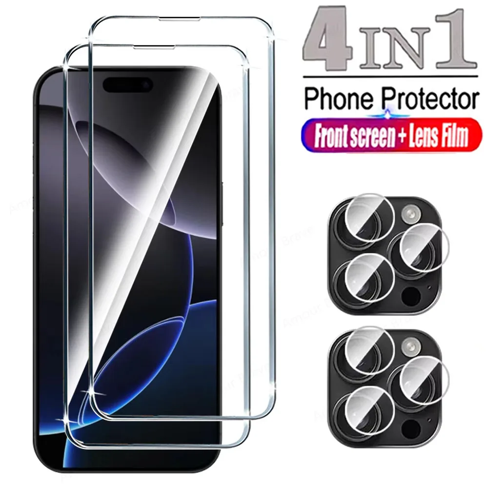 4 IN1 الزجاج المقسى آيفون 16 برو ماكس 12 13 16E 2025 14 زائد XS XR عدسة الكاميرا حامي الشاشة آيفون 15 برو ماكس الزجاج