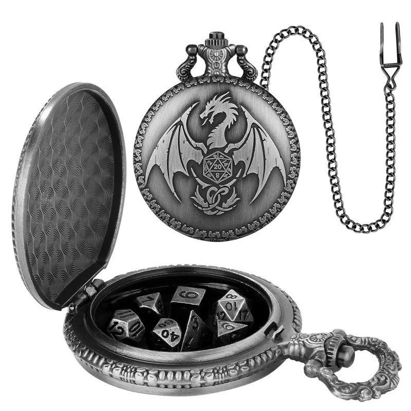 Vintage Pendant Chain Dragon Pocket Watch Case with 7pcs Tiny Polyhedral Metal Dice Set Role Play Gaming Accessory Dices