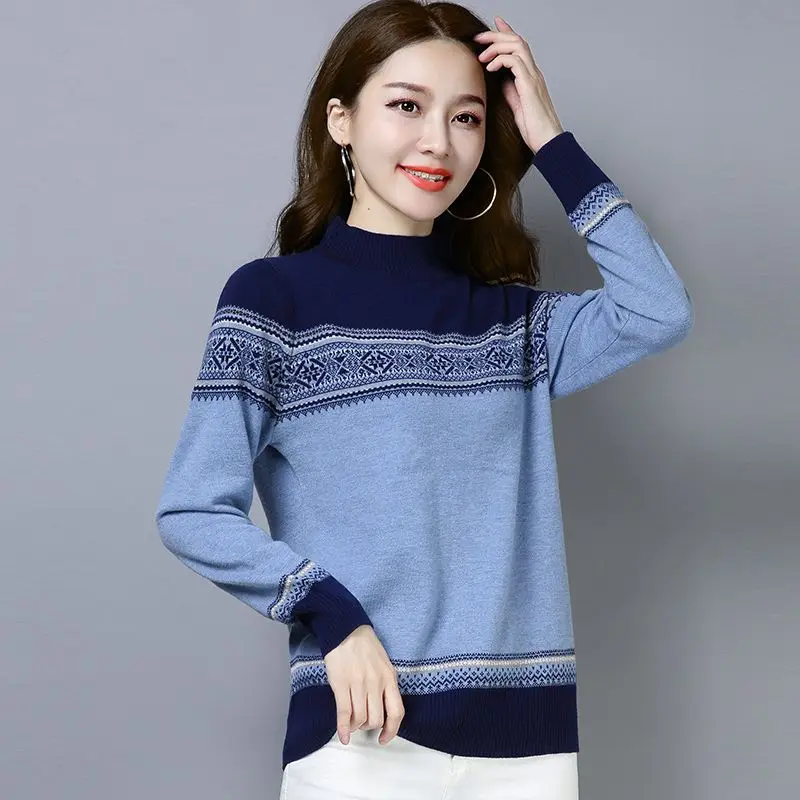 Women\'s Knitting Half High Neck Pullovers Top Long Sleeve All-match Contrast Short Sweaters Vintage Fashion Casual Clothing