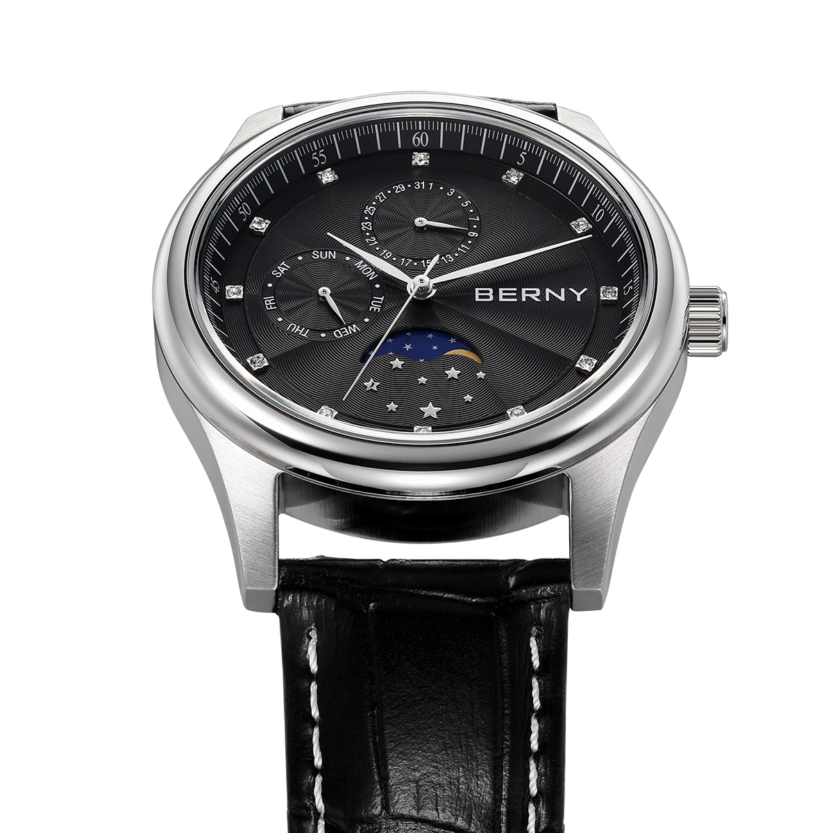 BERNY Men Watch Date Weeks Moon Phase Quartz Watches for Men Stainless Steel Leather Strap Business Wristwatch Male Clock