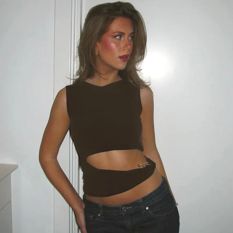 Donna Estate Vita cava Top Camicie Fibbia in metallo Tees Crop Top Lady Donna Ins Chic Slim Night Club Streetwear Hotsweet Top