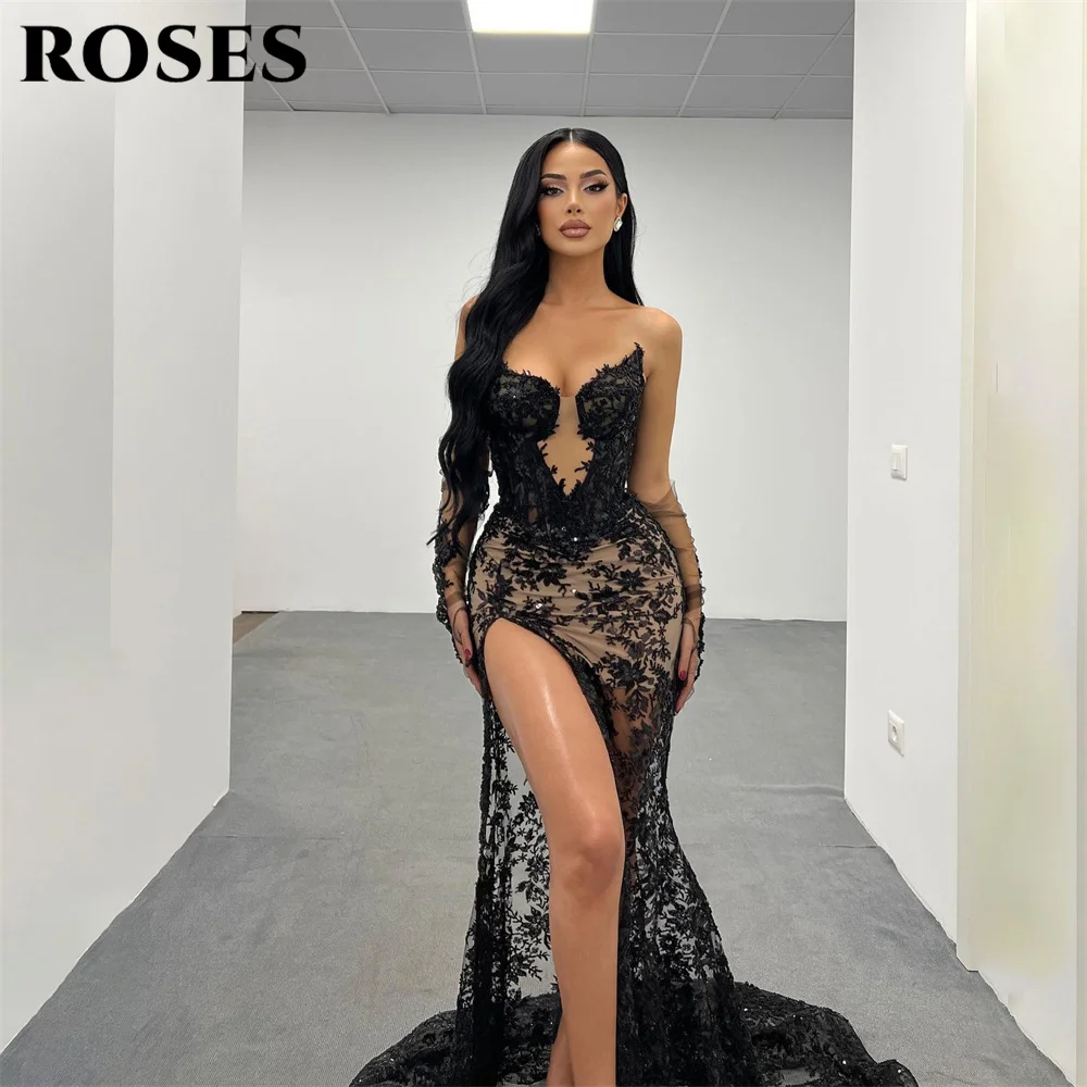 ROSES Lace Evening Dresses with High Split Black Appliques Prom Dresses Sweetheart Mermaid Wedding Darty Dress vestidos de noche