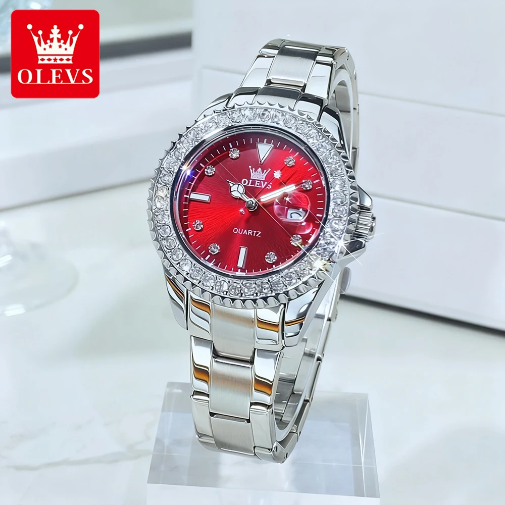 OLEVS модные женские часы, роскошные оригинальные кварцевые наручные часы из тонкой стали для женщин, водонепроницаемые, со светящейся датой, циркониевый безель 9945