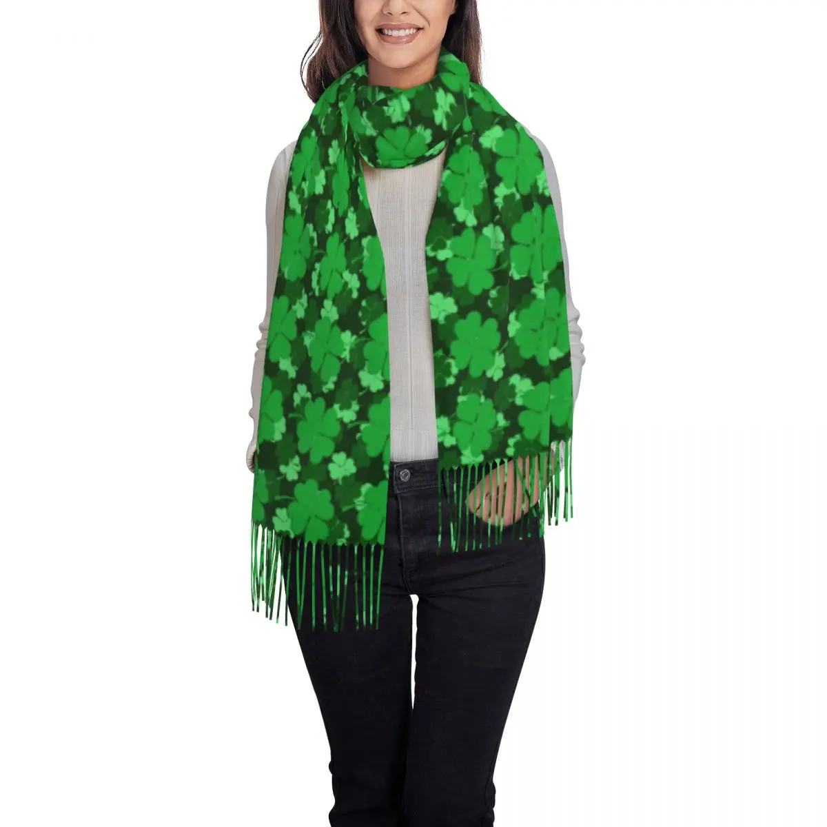 Lady Scarf Outdoor Shades Of Shamrock Headwear Scarves with Long Tassel Green Leaf Print Popular Shawls and Wrap Winter Bufanda