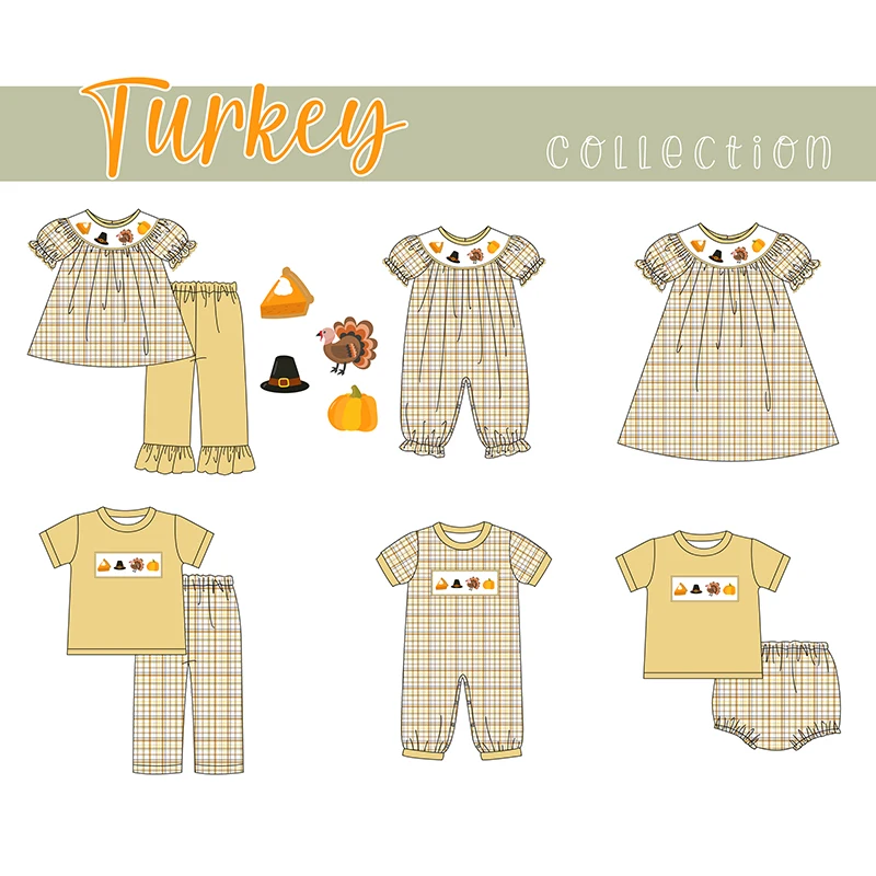 Thanksgiving short-sleeved elastic turkey print trousers lace girls boys plaid trousers boutique children\'s set baby romper