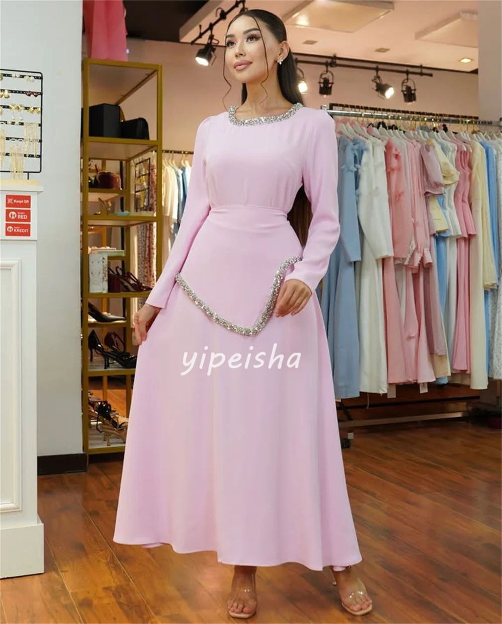 Personalizado combinando elegante lantejoulas plissado em linha reta colher pescoço tornozelo comprimento vestidos sob medida vestidos de ocasião estilo moderno formal