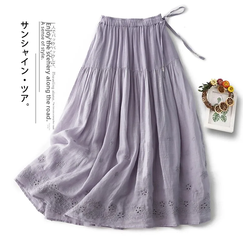 

Ele Embroidered Linen A-Line Skirt Women's Summer Loose Age-Defng Midi Skirt Sweet Flared Umbrella Skirt Faionable