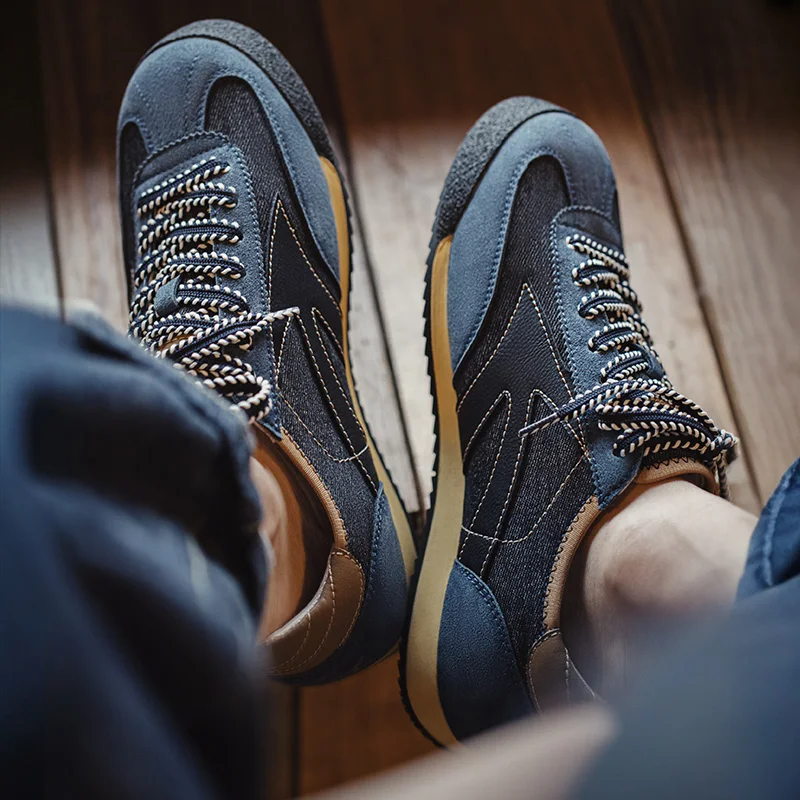 

Мужские летние винтажные синие джинсовые лоскутные тренировочные туфли Maden, дышащие повседневные кроссовки для бега, модные уличные кроссовки