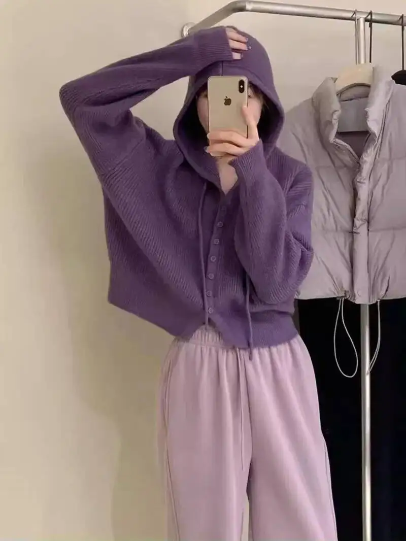 

Hood Knit cardigan Women Spring And Autumn New Gentle Wind Loose Slimming Casual Outerwear Top Crop Sweater Slim Korean MA7Q