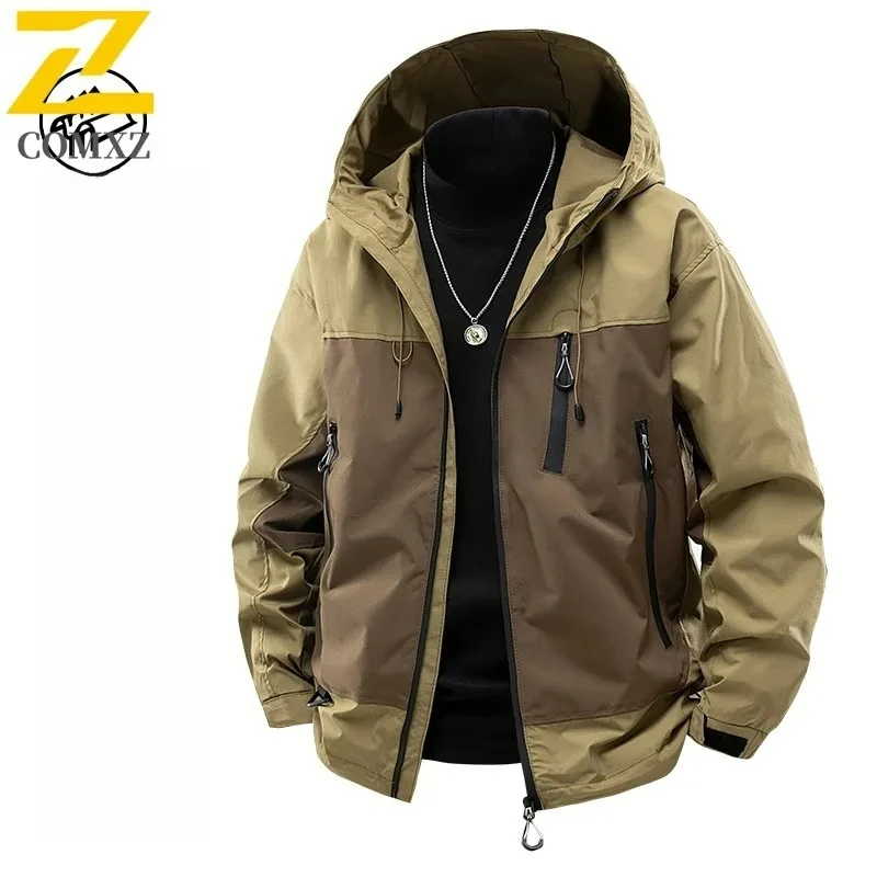 COMXZ Male Jacket Fashion Detachable Hood Outdoor Climbing Lightweight Coat Leisure Adventure Windproof Spring Autumn Clothing