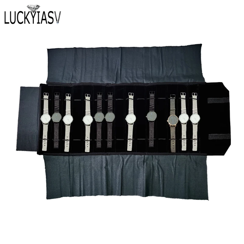 حقيبة تخزين المجوهرات المخملية السوداء، حقيبة تنظيم لفة لمعرض أكياس تغليف القلائد المحمولة للسفر #4