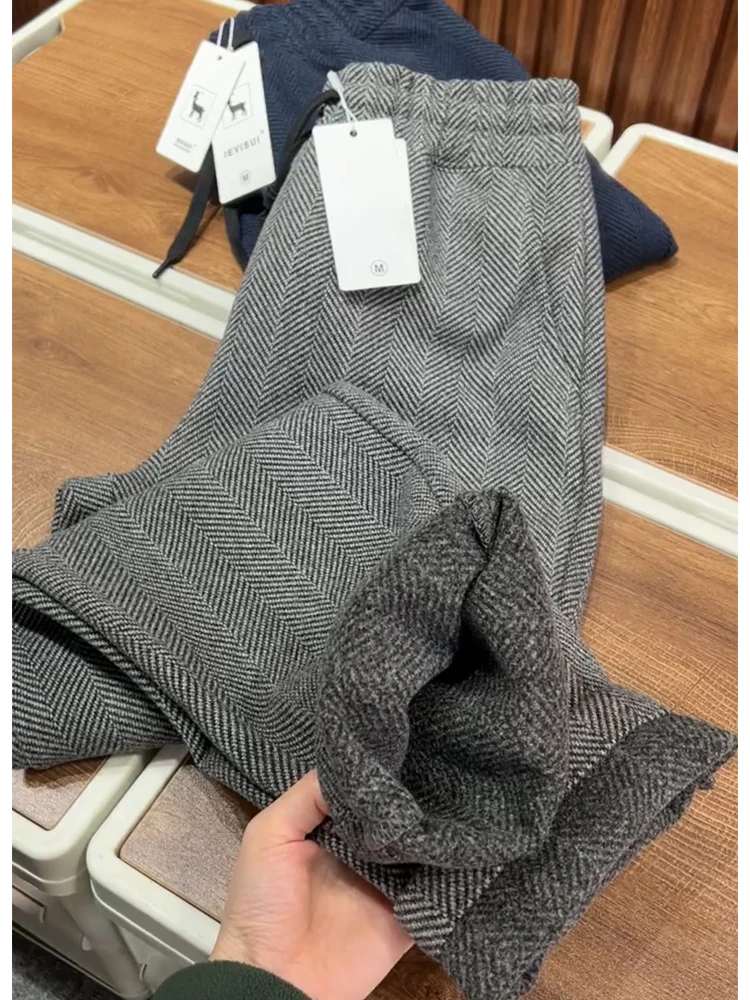 

ay Tweed Wide Leg Pants Men's Winter Faion American Straight Leg Sweatpants Fce Lined Sports Casual Long Trousers