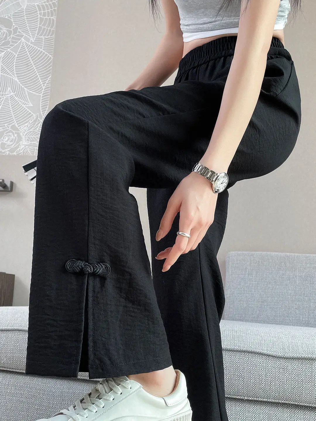 New Chinese Style Bell Bottom Pants Women's Summer Thin  Linen Micro Flared Pants High Waist Elastic Waist Pocket Detail