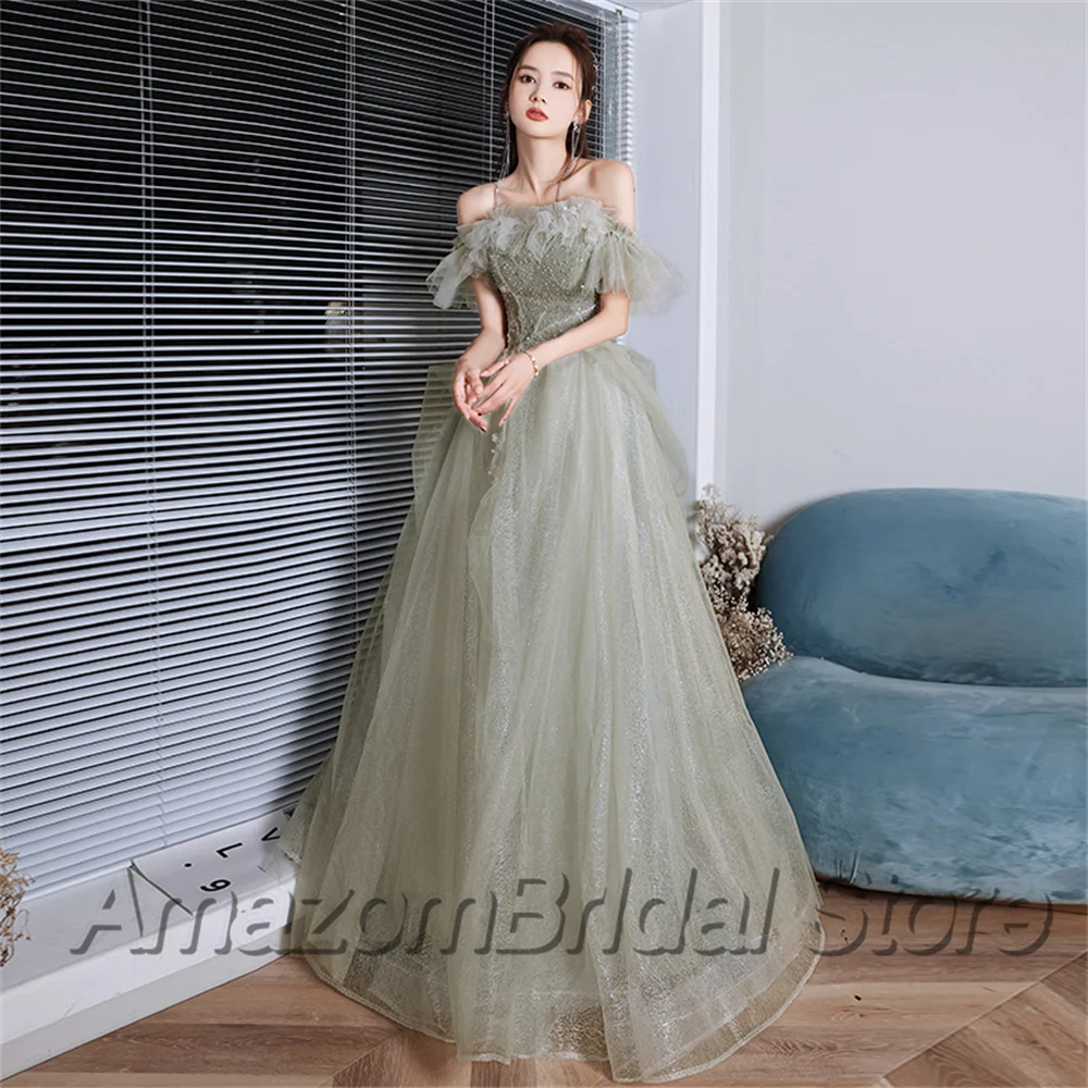 Robe de soirée longue perlée vert clair pour femme, col bateau, ligne A, dos appliqué, robe de Rhsexy, style à lacets éducatif