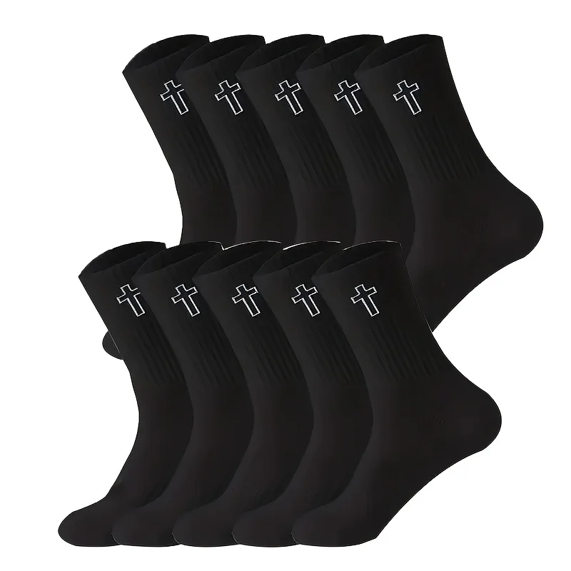 5/10 Paar hochgeschnittene, solide Sportsocken für Herren, atmungsaktive Unisex-Freizeitsocken mit mittlerer Wade, schwarz/weiße Kreuz-Paarsocken für die ganze Saison – Detail 3