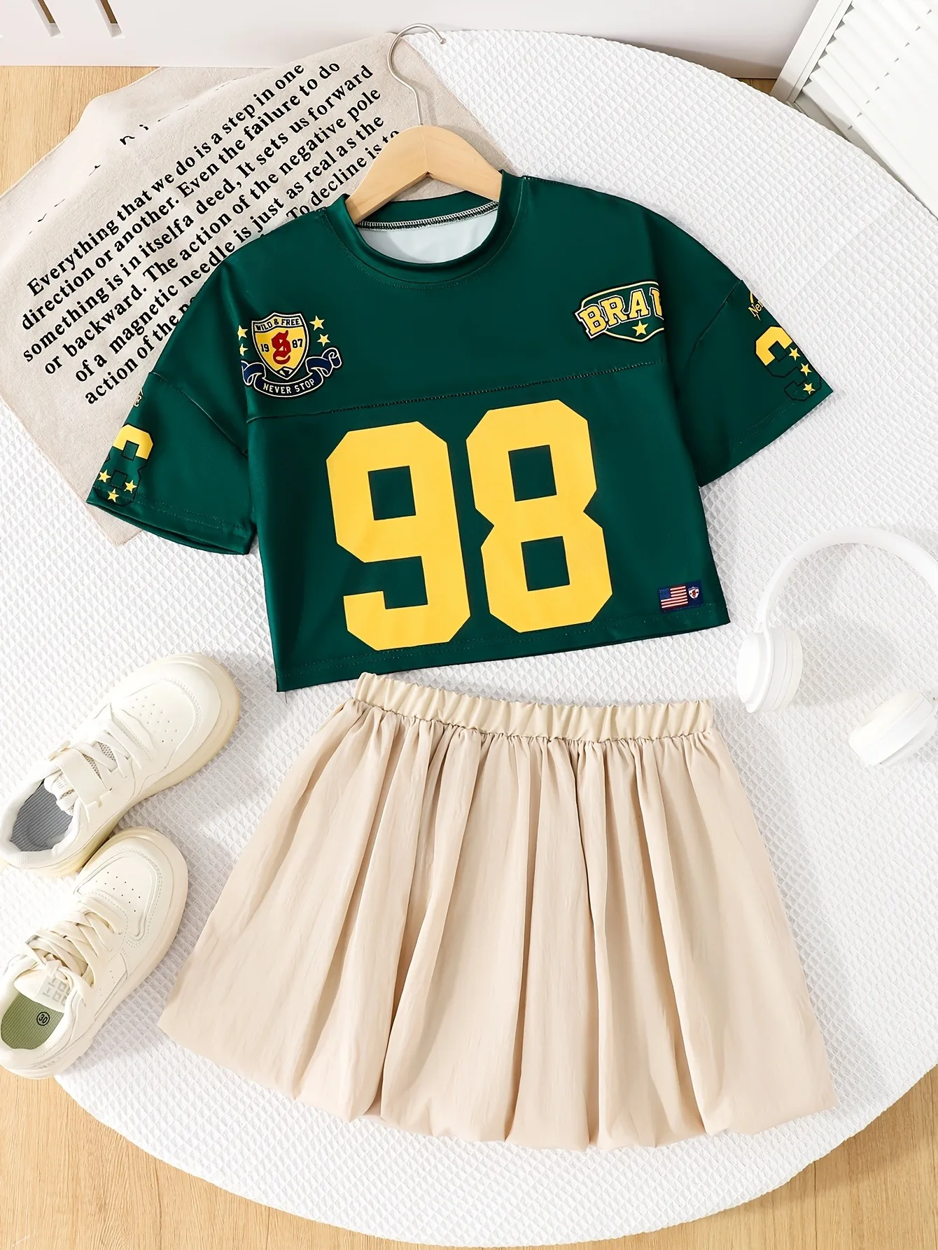 Trendy Girls 2Pcs Hip Hop Co-ord, Dark Green Vintage 98 Letter Print Cropped Tee, Loose Beige Puffy Skirt for Kids Street Shooti