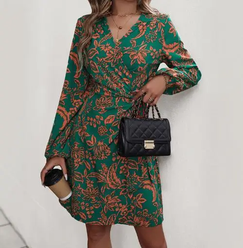 

Women's Dress Summer New Fashionable and Elegant Daily Casual Style Leaf Print V-Neck Tied Waist Lantern Sleeve A-Line Dress