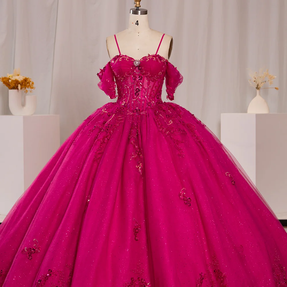 

Fuchsia Princess Quinceanera Dresses Ball Gown Off The Shoulder Tulle Appliques Sweet 16 Dresses Lsyb07