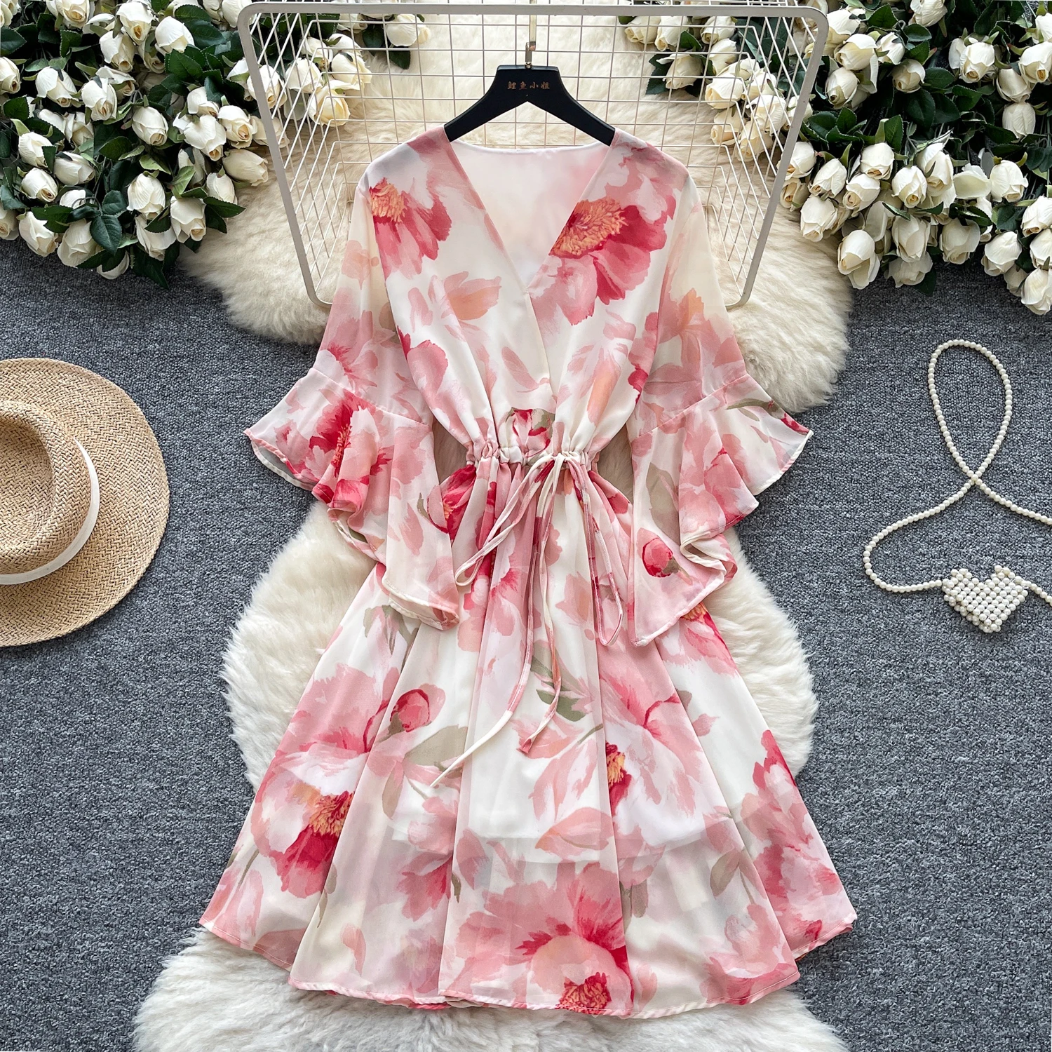 Elegancka, seksowna sukienka letnia w stylu vintage, z dekoltem w serek, szyfonowa, z nadrukiem, dopasowana, w stylu koreańskim, boho, odzież damska.