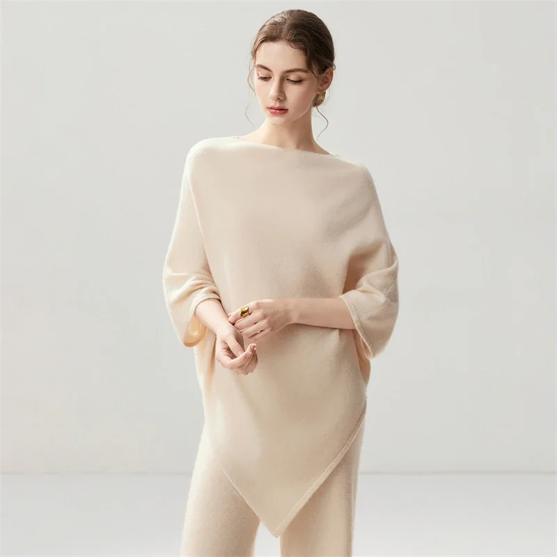 French Cloak Women's Sweater Loose Pullover 100% Cashmere Autumn Winter Shawl Knit Clothes Seven Quarter Sleeves Triangle Poncho