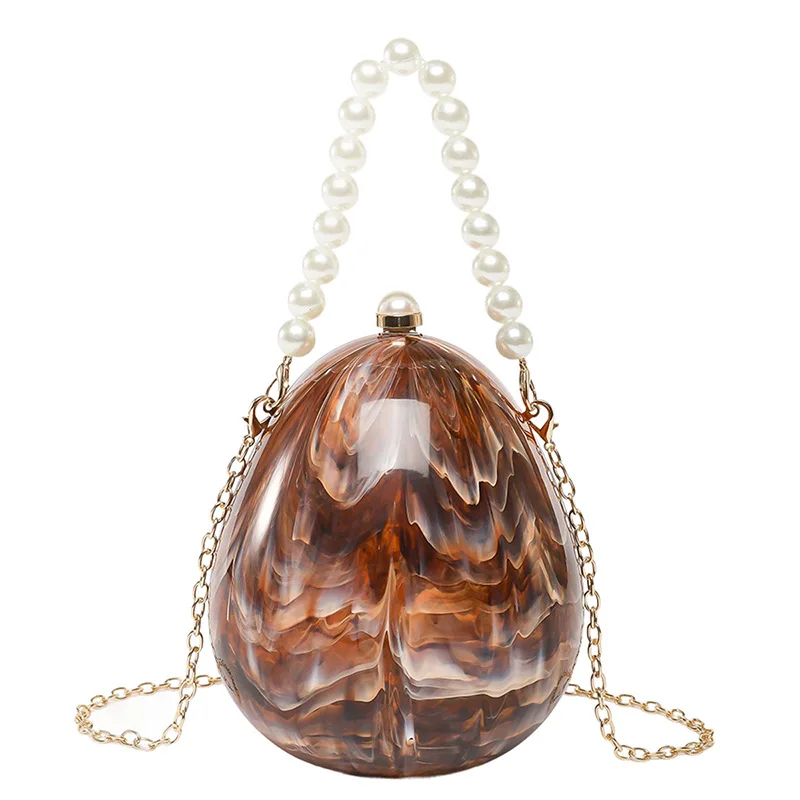 New  Handbag Shoulder Bag Delicate Acrylic Banquet Holiday Bag Egg Shape Beach Bag for Women Handheld Pearl Chain Bag