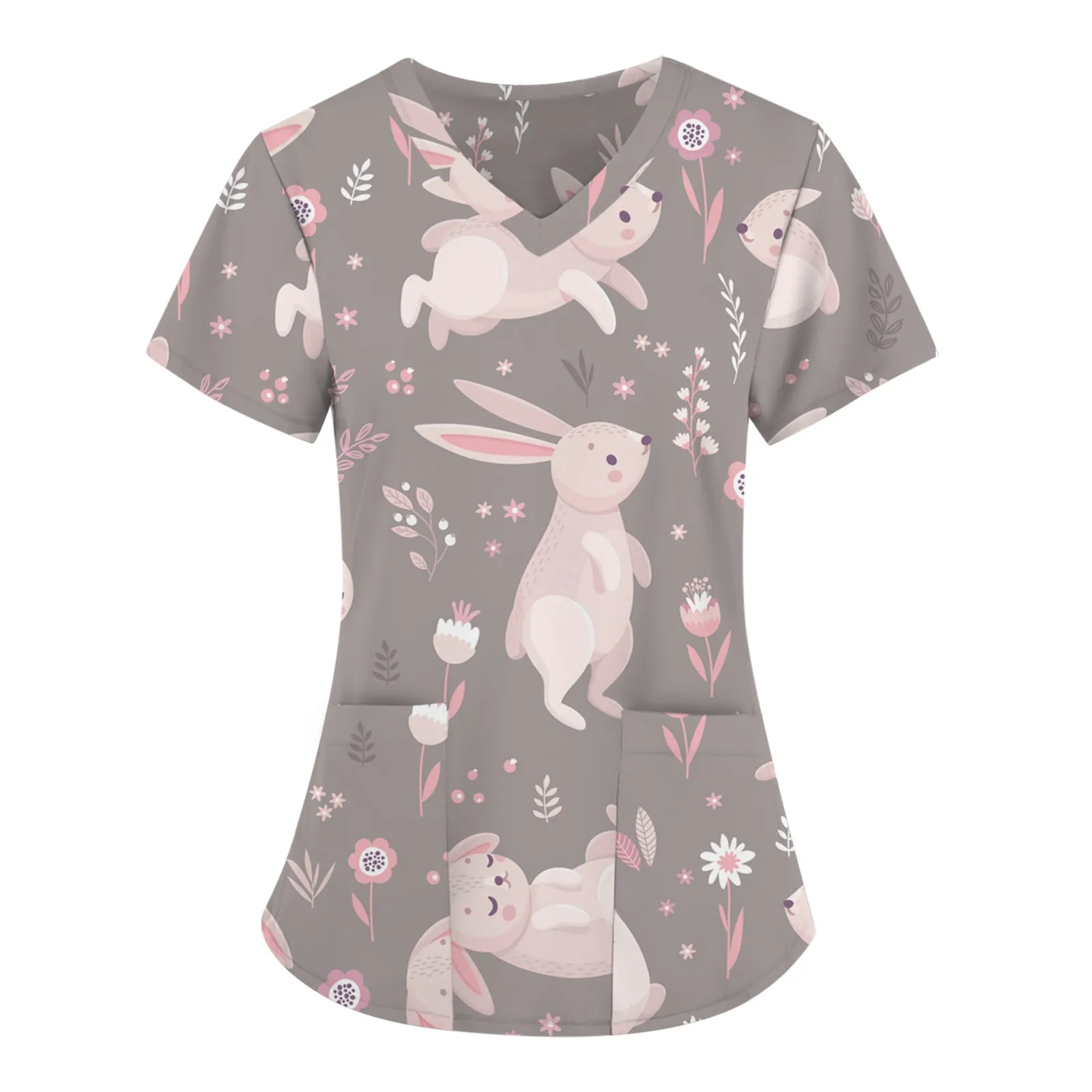 Easter Women Scrub Uniform Tops Summer Cute Cartoon Bunny Print Short Sleeve V Neck Pocket T Shirt Rabbit Nurse Work Blouse 2024