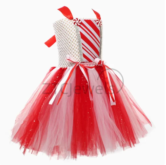 فستان توتو للفتيات لعيد الميلاد على شكل قصب الحلوى باللون الأحمر والأبيض اللامع زي السيدة سانتا كلوز للأطفال فساتين حفلات عيد الميلاد للعام الجديد #5