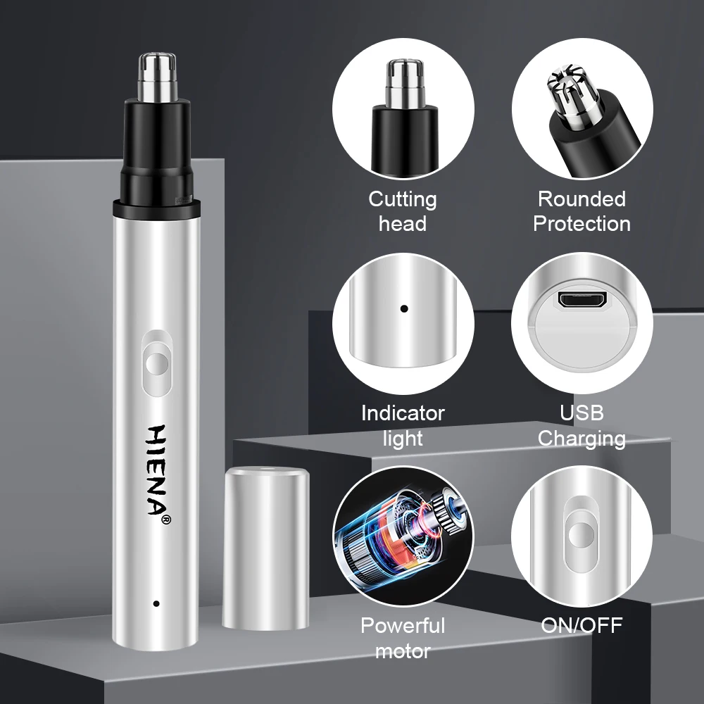 ماكينة تشذيب شعر الأنف مدمجة ومحمولة 360 درجة °   شفرة دوارة لإزالة الشعر القوية بمنفذ شحن USB