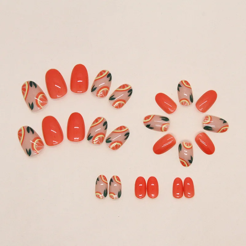 Faux ongles courts et ovales avec colle, 24 pièces, orange, coréen, avec design, plage, presse, ensemble complet d'outils, été