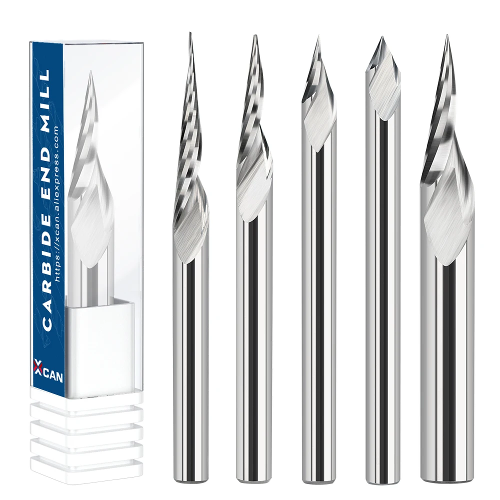 XCAN Gravür Ucu 3.175mm Shank parmak freze kesicisi 20/30/45/60 Derece Ucu 0.1 0.2 0.3 0.4mm Karbür 3D Freze Ucu