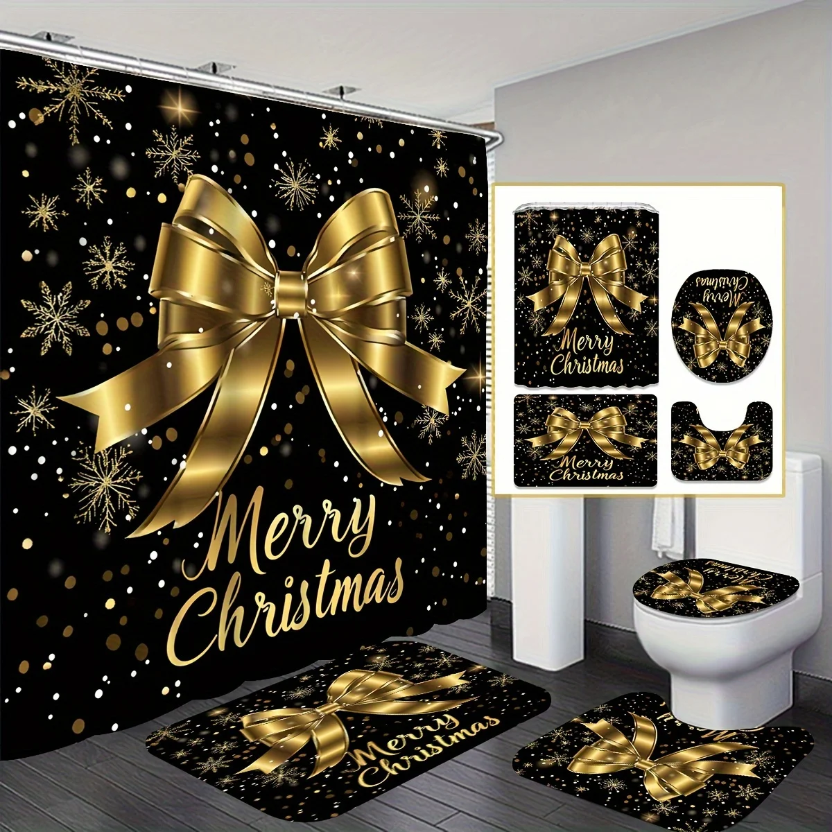

Рождественский душевой набор из 4 предметов, золотой бант с рождественским принтом, 12 крючков, нескользящий коврик, U-образный чехол для сиденья, крышка для унитаза, праздничный декор
