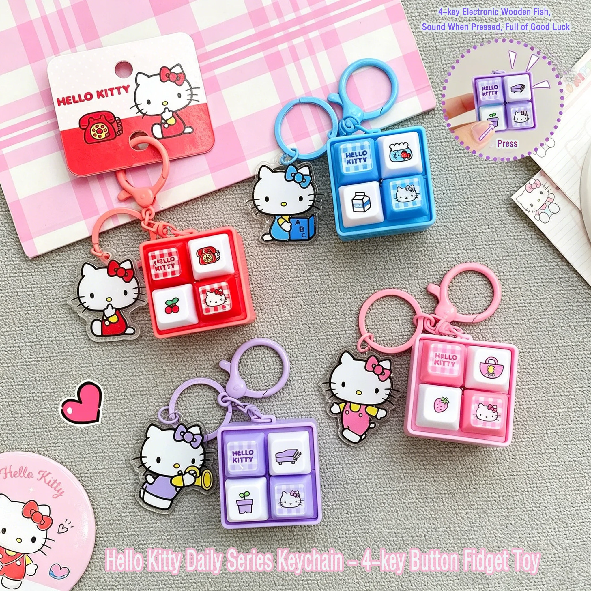 

Cartoon Hello Kitty Four Grid Keychain Electronic Wooden Fish Healing and Decompression Backpack Hanging Decoration Best Friends