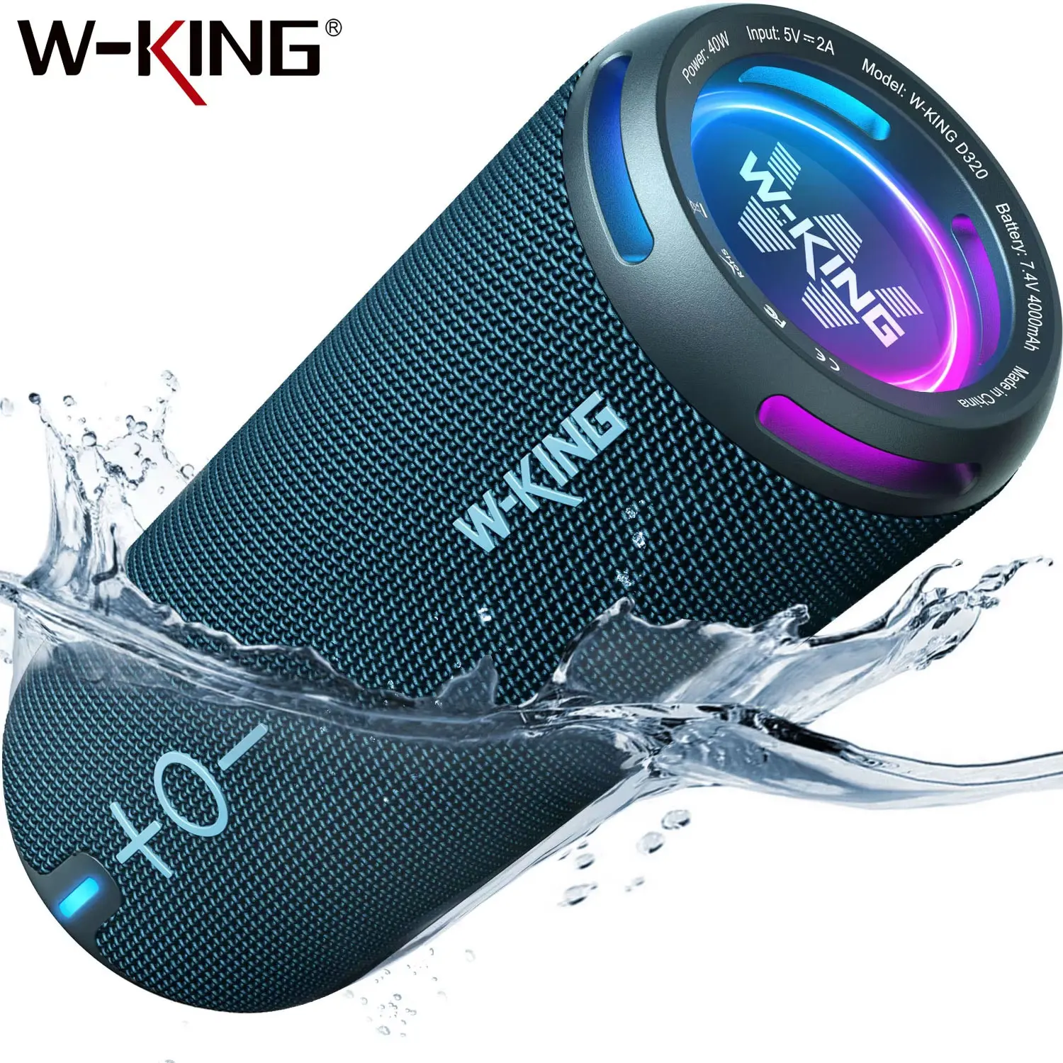 W-KING D320 Altoparlante Bluetooth Blu 40W Portatile Wireless IP67 Impermeabile Bluetooth 5.3 Bassi Profondi 24 Ore di Riproduzione Altoparlante Stere