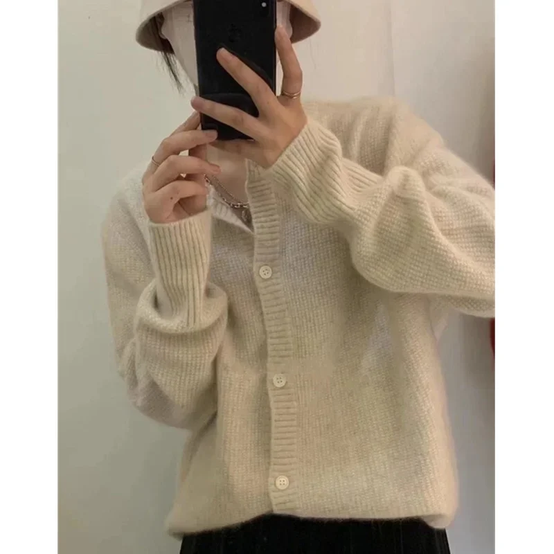 

Pop Fashionable And Versatile Round Neck Knitted Cashmere Cardigan Women Autumn Winter Thick Lazy Base Sweater Coat Loose Sweate