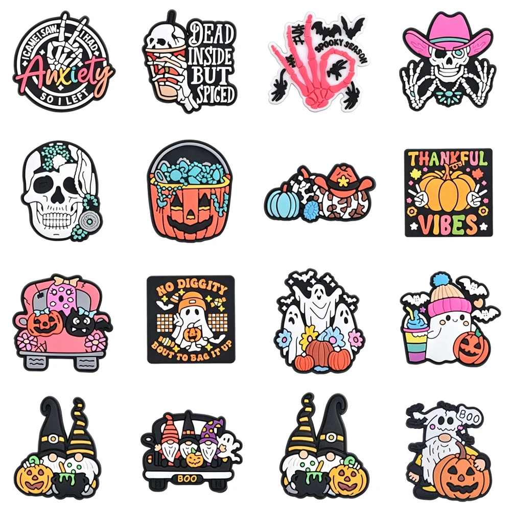 4-35PCS Halloween Skeleton pumpkin Ghost Shoe Charm PVC Clog Wristband Beach bag Decor Buckle Detachable Waterproof Party Gift