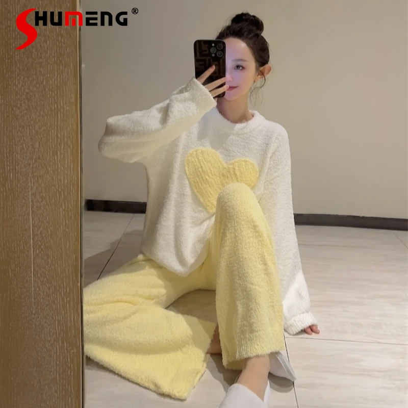 

Cute Heart Thick Pajamas for Women Winter New Long Sleeve Fleece Homewear Set Female Japanese Style Sweet Sleep Suits