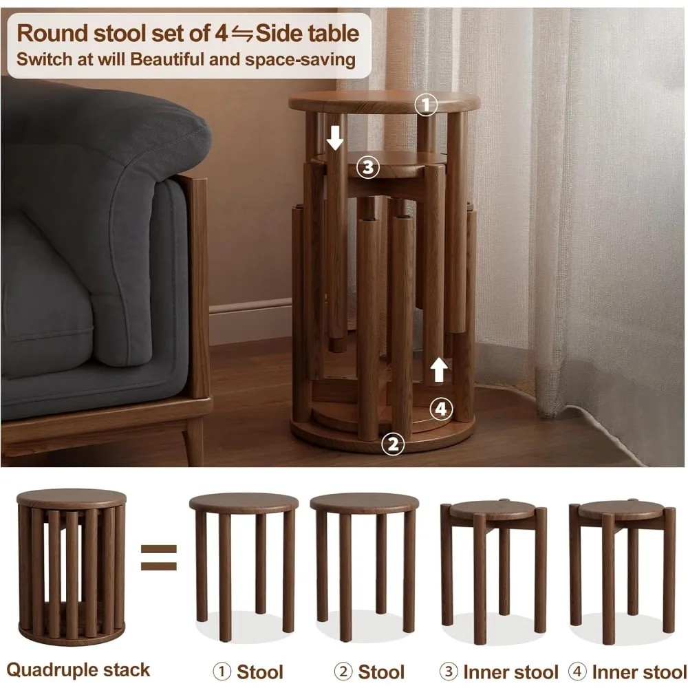 Ensemble de 4 tabourets empilables, tabourets en bois de 18 pouces, tables d'appoint gigognes, table basse gigogne, robuste et durable, sans installation